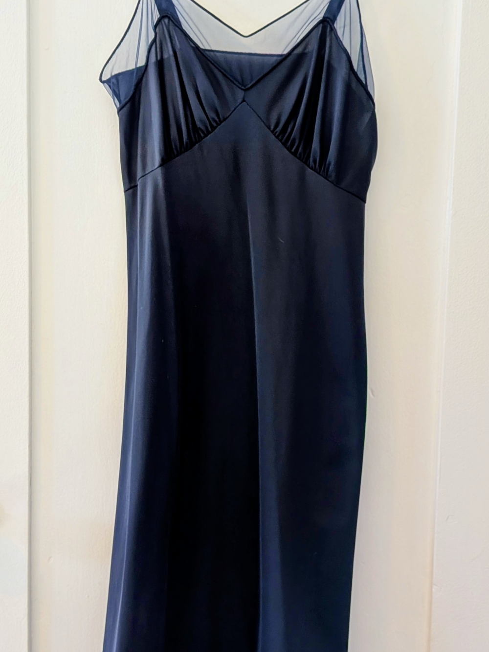 Vanity Fair Navy Satin Slip with Sheer Mesh Yoke
